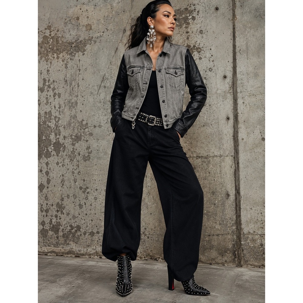 Rag & Bone JEAN Mixed Media Denim Leather Sleeve Jacket Grey Black W1402K302 L - Picture 1 of 9
